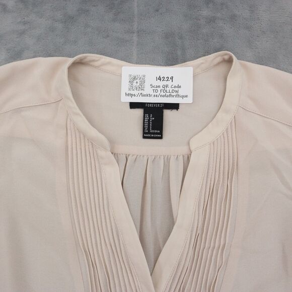 FOREVER 21 Shirt Womens S Pink Long Balloon Sleeve VNeck Sheer Pleated Blouse - Picture 8 of 14
